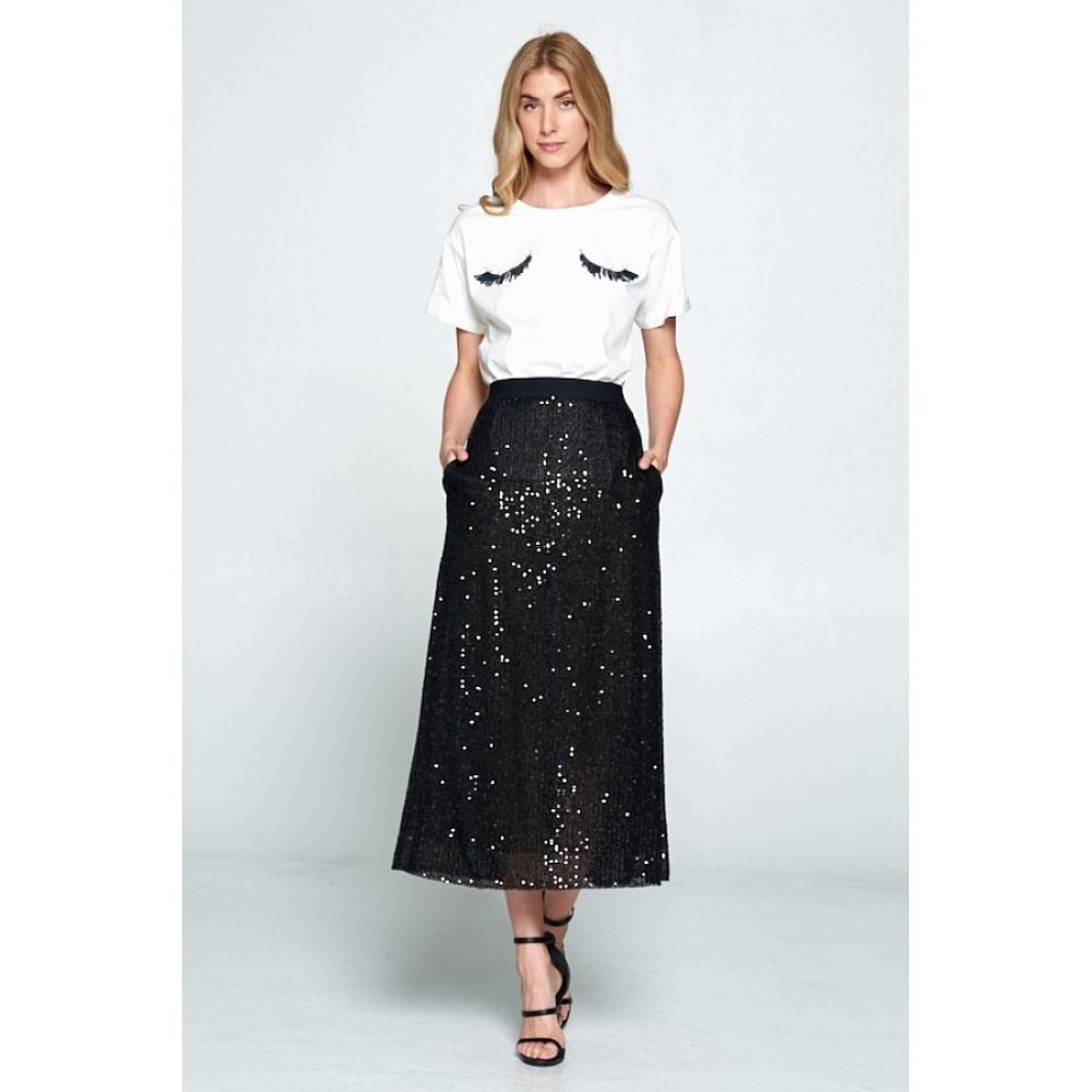 SEQUINS MIDI SKIRT BLACK